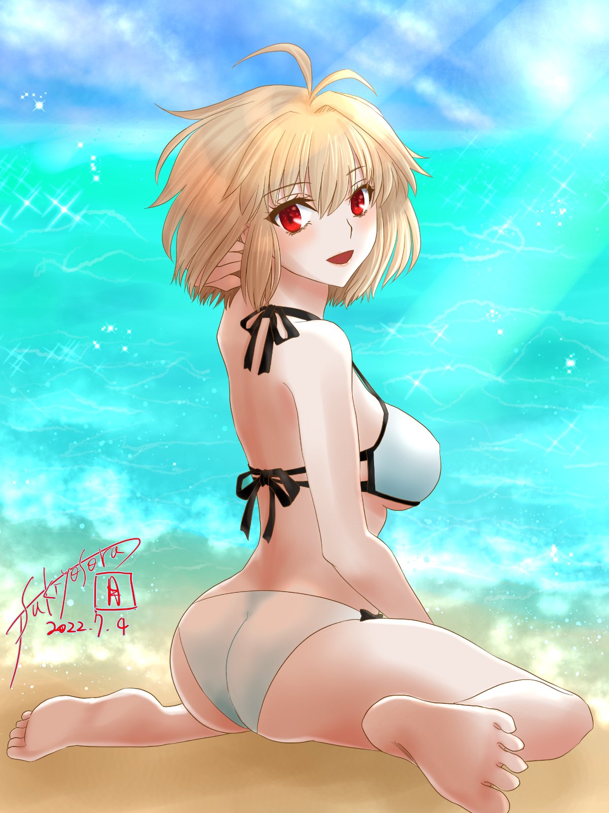 sorano tsukiyo, arcueid brunestud, tsukihime, highres, 1girl, ahoge, ass, bare shoulders, barefoot, beach, bikini, blush, breasts, floating hair, hand on own neck, large breasts, looking at viewer, ocean, outdoors, red eyes, short hair, sideboob, sitting, smile, swimsuit, wariza, white bikini