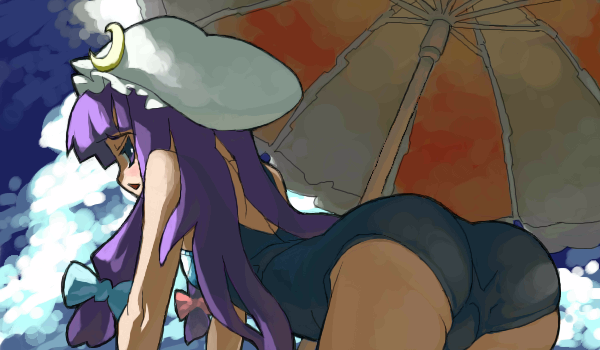 patchouli knowledge, touhou, 1girl, :<, blush, female focus, one-piece swimsuit, school swimsuit, solo, swimsuit, triangle mouth, umbrella