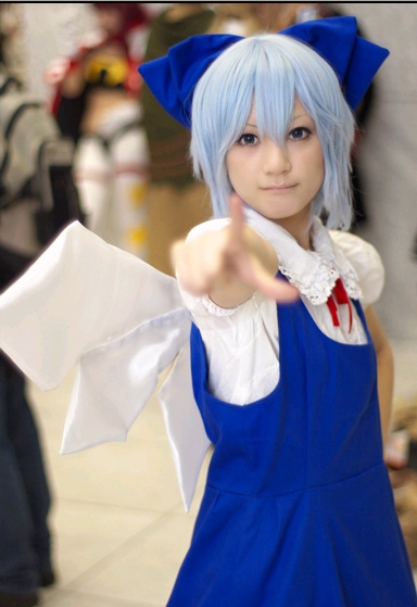 cirno, touhou, cosplay photo, photo (medium), 1girl, asian, blue hair, blurry, bow, cirno (cosplay), cosplay, depth of field, female focus, solo, wings