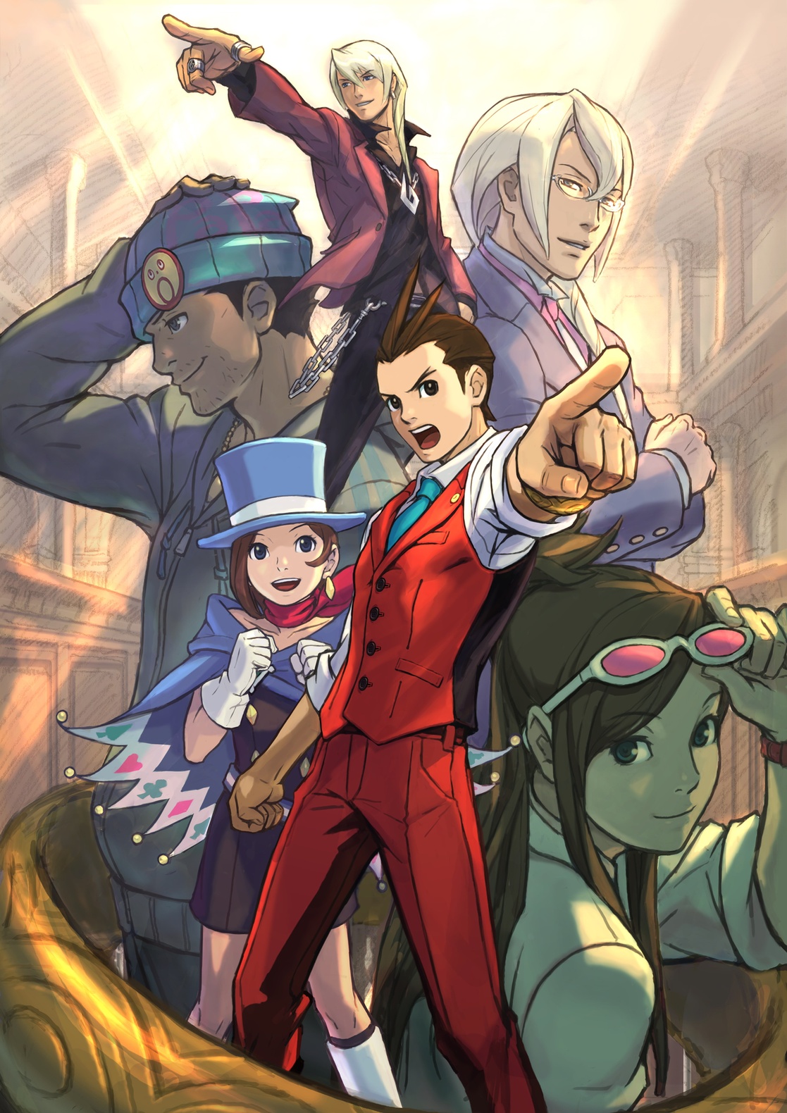 edaki shin'ya, nuri kazuya, apollo justice, ema skye, klavier gavin, kristoph gavin, phoenix wright, trucy wright, ace attorney, apollo justice: ace attorney, capcom, highres, official art, 2girls, 4boys, alternate costume, beanie, blue hat, blue necktie, bracelet, cape, chain, clubs, diamond (shape), glasses, hat, heart, jewelry, lab coat, magician, magician's hat, multiple boys, multiple girls, necktie, pants, pointing, red pants, spade, top hat