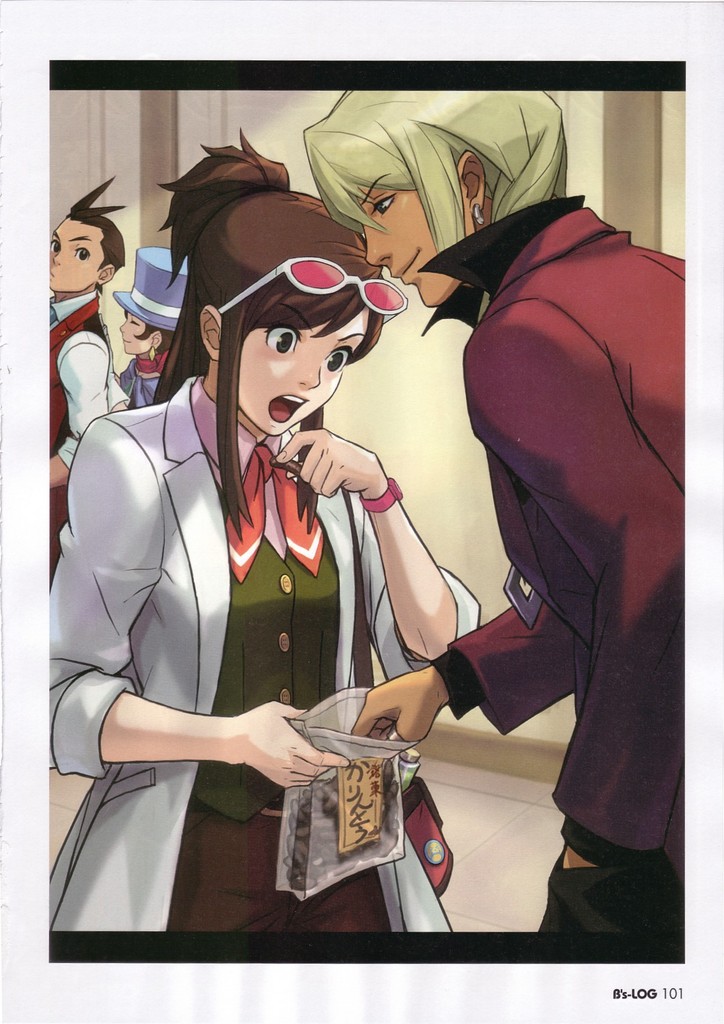 edaki shin'ya, nuri kazuya, apollo justice, ema skye, klavier gavin, trucy wright, ace attorney, apollo justice: ace attorney, capcom, official art, 2boys, 2girls, :o, ahoge, bishounen, blonde hair, blue hat, border, closed eyes, earrings, eyewear on head, food, foreshortening, glasses, half updo, hat, indoors, jewelry, lab coat, long sleeves, multiple boys, multiple girls, open mouth, short hair, sidelocks, sleeves rolled up, sunglasses, top hat, very short hair