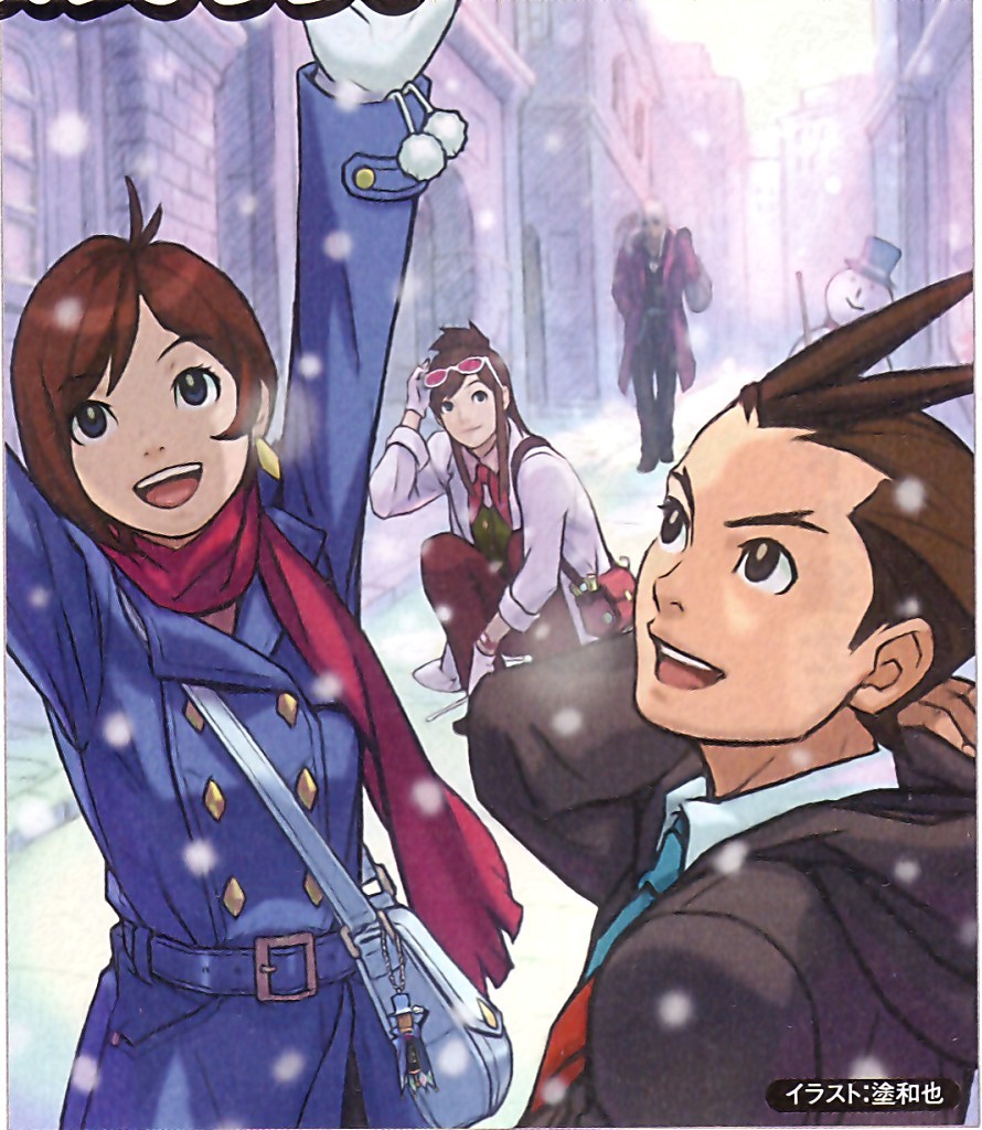 nuri kazuya, apollo justice, ema skye, klavier gavin, trucy wright, ace attorney, apollo justice: ace attorney, capcom, official art, 2boys, 2girls, glasses, gloves, half updo, lab coat, multiple boys, multiple girls, scarf, short hair, snow