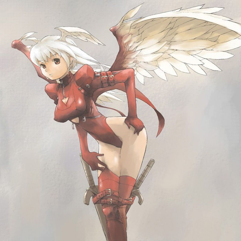 ultima (fft), final fantasy, final fantasy tactics, 1girl, adjusting clothes, adjusting legwear, albino, arm strap, bodysuit, breasts, buckle, cleavage cutout, clothing cutout, covered erect nipples, crossed legs, elbow gloves, female focus, from side, gloves, grey background, head wings, highleg, highleg leotard, knee pads, large breasts, latex, leaning forward, leotard, long hair, looking at viewer, multiple swords, parted lips, red eyes, red leotard, red thighhighs, ribs, short hair, shoulder pads, simple background, solo, sword, thigh strap, thighhighs, turtleneck, weapon, white hair, wings, zipper