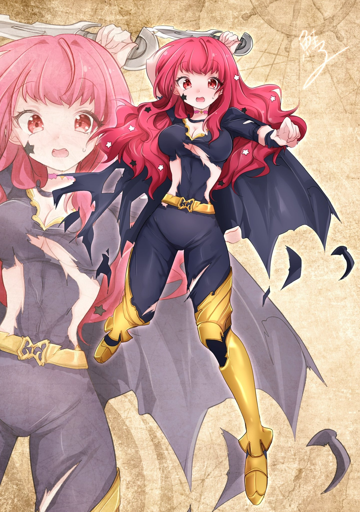 hiyorinrin, yunaka (fire emblem), fire emblem, fire emblem engage, nintendo, commentary, highres, 1girl, belt, black bodysuit, black cape, bodysuit, breasts, cape, choker, facial mark, hair ornament, holding, holding knife, holding weapon, knife, long hair, looking at viewer, medium breasts, open mouth, pink choker, red eyes, red hair, signature, solo, star (symbol), star facial mark, star hair ornament, sweatdrop, torn bodysuit, torn cape, torn clothes, weapon, yellow belt