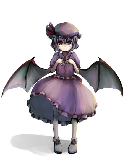 gatau, remilia scarlet, touhou, 1girl, bat wings, bow, female focus, full body, hands on own chest, hat, hat bow, looking at viewer, pink hair, red eyes, shirt, short hair, simple background, skirt, skirt set, slippers, smile, solo, standing, straight hair, white background, wings
