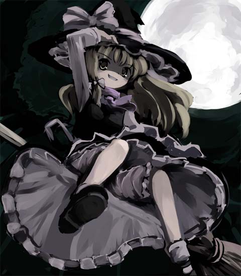 gatau, kirisame marisa, touhou, >:d, 1girl, :d, adjusting clothes, adjusting headwear, apron, black dress, blonde hair, bloomers, bobby socks, bow, broom, broom riding, dress, female focus, flying, from below, full moon, grin, hair bow, hat, hat bow, long hair, looking at viewer, mary janes, moon, night, open mouth, outdoors, shoes, sidesaddle, smile, socks, solo, underwear, upskirt, v-shaped eyebrows, waist apron, wavy hair, white socks, witch hat, yellow eyes