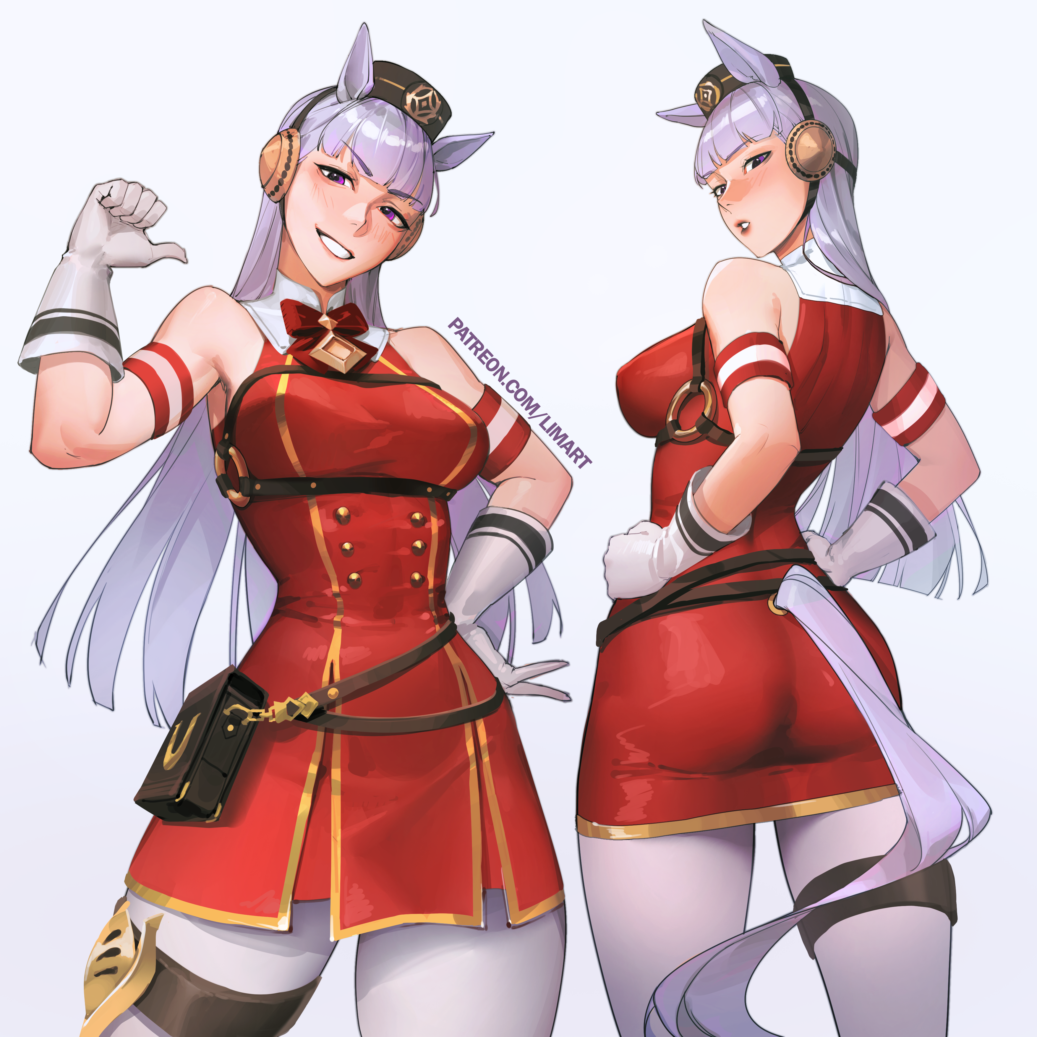 limart, gold ship (umamusume), umamusume, absurdres, commentary, highres, 1girl, animal ears, armband, ass, belt, belt pouch, blunt bangs, blunt ends, bow, bowtie, breasts, brown eyes, brown hat, buttons, clothing cutout, double-breasted, dress, from behind, gloves, gold trim, grey hair, grin, hair bow, hand on own hip, hands on own hips, hat, head tilt, horse ears, horse girl, horse tail, large breasts, lips, long hair, looking at viewer, looking back, multiple views, pantyhose, patreon username, pillbox hat, pointing, pointing at self, pointing with thumb, pouch, red bow, red bowtie, red dress, short dress, simple background, sleeveless, sleeveless dress, smile, standing, straight hair, tail, tail through clothes, taut clothes, taut dress, teeth, thick thighs, thigh strap, thighs, white background, white gloves