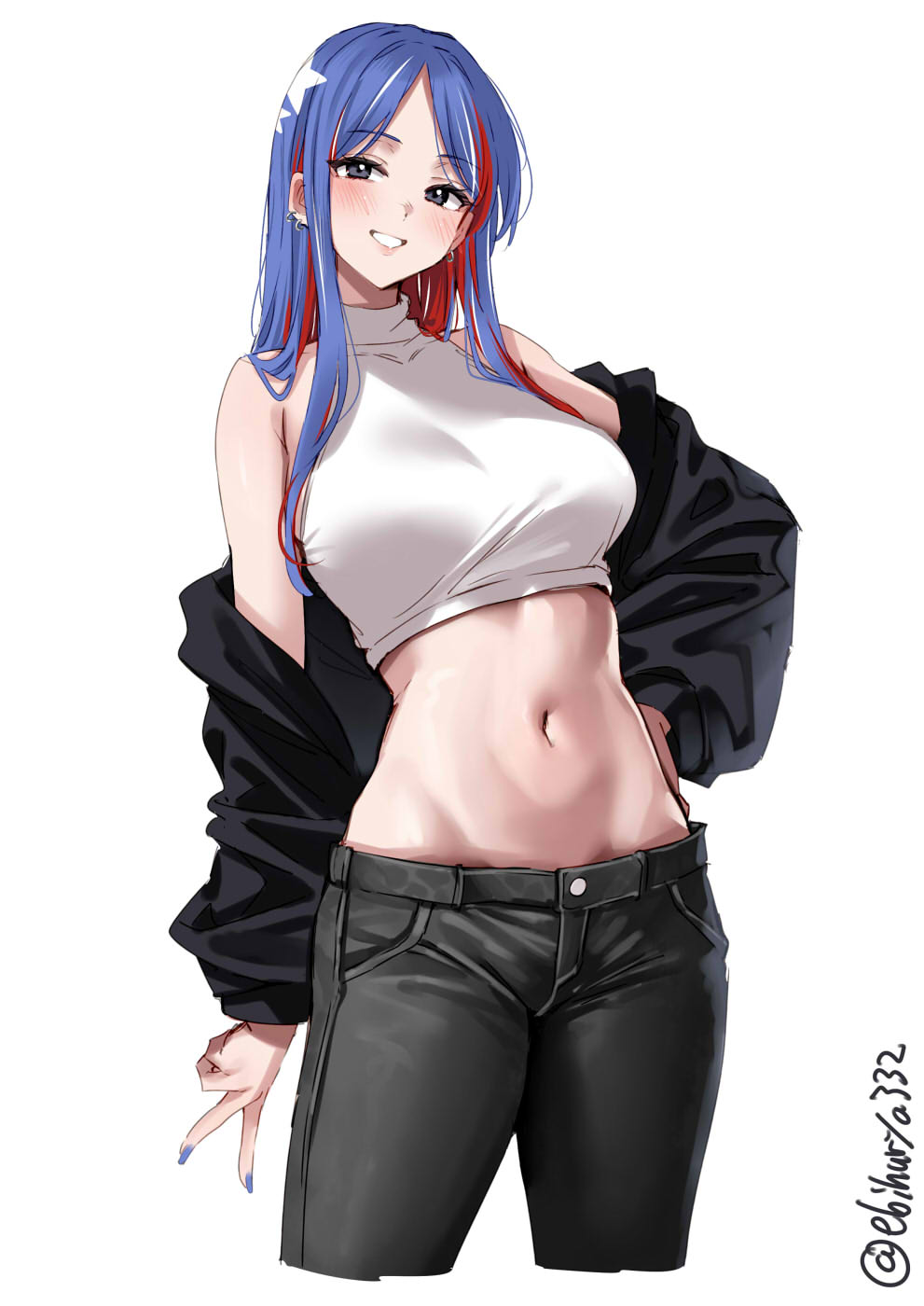 ebifurya, south dakota (kancolle), kantai collection, commentary request, highres, 1girl, artist name, black jacket, blue hair, blue nails, blush, breasts, crop top, cropped legs, denim, earrings, grey eyes, hand on own hip, jacket, jeans, jewelry, large breasts, long hair, long sleeves, looking at viewer, multicolored hair, nail polish, navel, one-hour drawing challenge, open clothes, open jacket, pants, parted bangs, red hair, sideboob, sidelocks, simple background, sleeveless, smile, solo, star (symbol), turtleneck, twitter username, white background, white hair