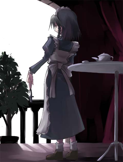 gatau, izayoi sakuya, touhou, white legwear, 1girl, apron, balcony, between fingers, braid, cup, curtains, dress, female focus, from behind, full body, grey dress, grey hair, holding, indoors, knife, loafers, maid, maid apron, maid headdress, plant, potted plant, railing, shoes, solo, standing, straight hair, table, teacup, teapot, throwing knife, twin braids, weapon