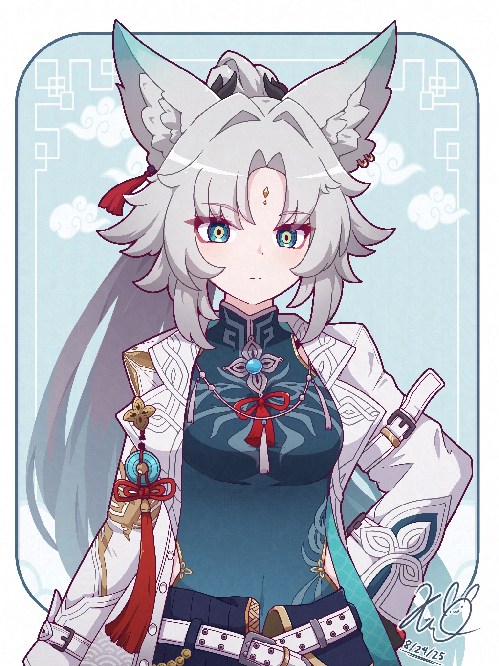 kurotofu, feixiao (honkai: star rail), honkai: star rail, honkai (series), commentary, english commentary, highres, 1girl, animal ear fluff, animal ears, belt, belt buckle, black gloves, blue background, blue dress, border, breasts, buckle, closed mouth, cloud, covered navel, dated, dress, forehead jewel, fox ears, gloves, hand on own hip, jacket, juliet sleeves, long sleeves, looking at viewer, medium breasts, open clothes, open jacket, parted bangs, puffy sleeves, signature, solo, white belt, white border, white jacket