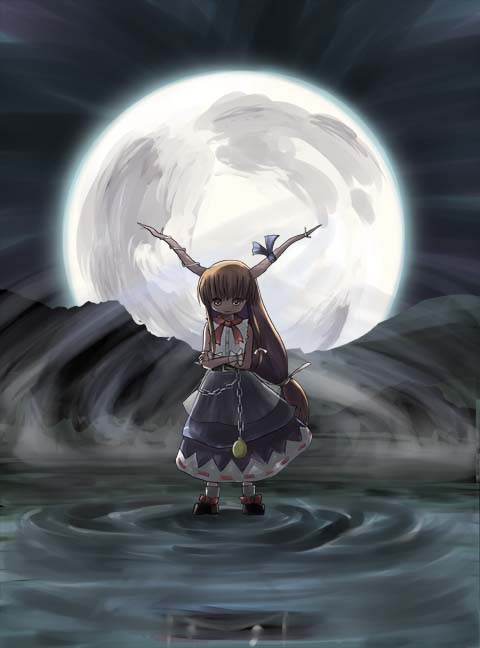 gatau, ibuki suika, touhou, 1girl, blunt bangs, bow, chain, crossed arms, dress, female focus, full body, full moon, horn bow, horn ornament, horns, long hair, looking at viewer, low-tied long hair, moon, night, outdoors, ripples, shirt, shoes, sleeveless, sleeveless shirt, solo, standing, straight hair, very long hair, water, wind, yellow eyes