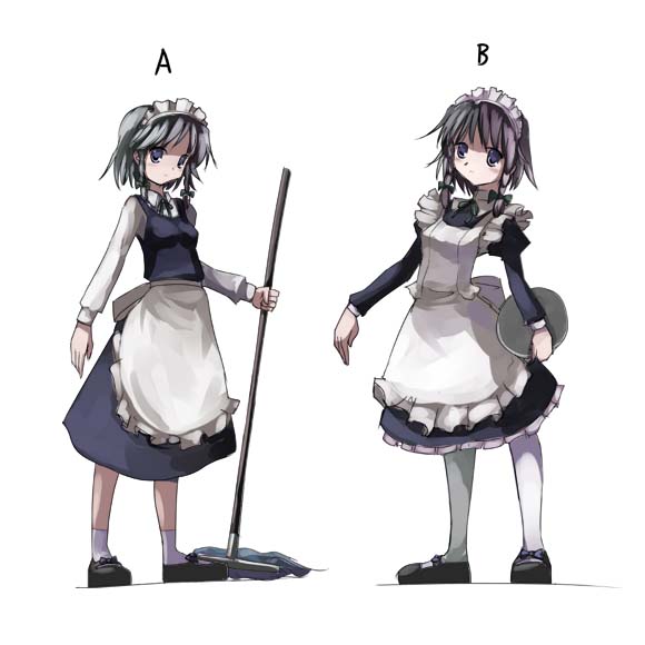 gatau, izayoi sakuya, touhou, white legwear, 2girls, apron, bad anatomy, blue dress, blush, braid, comparison, dress, female focus, frown, full body, grey eyes, grey hair, head tilt, looking at viewer, maid, maid apron, maid headdress, mary janes, mop, multiple girls, shoes, simple background, standing, thighhighs, tray, twin braids, waist apron