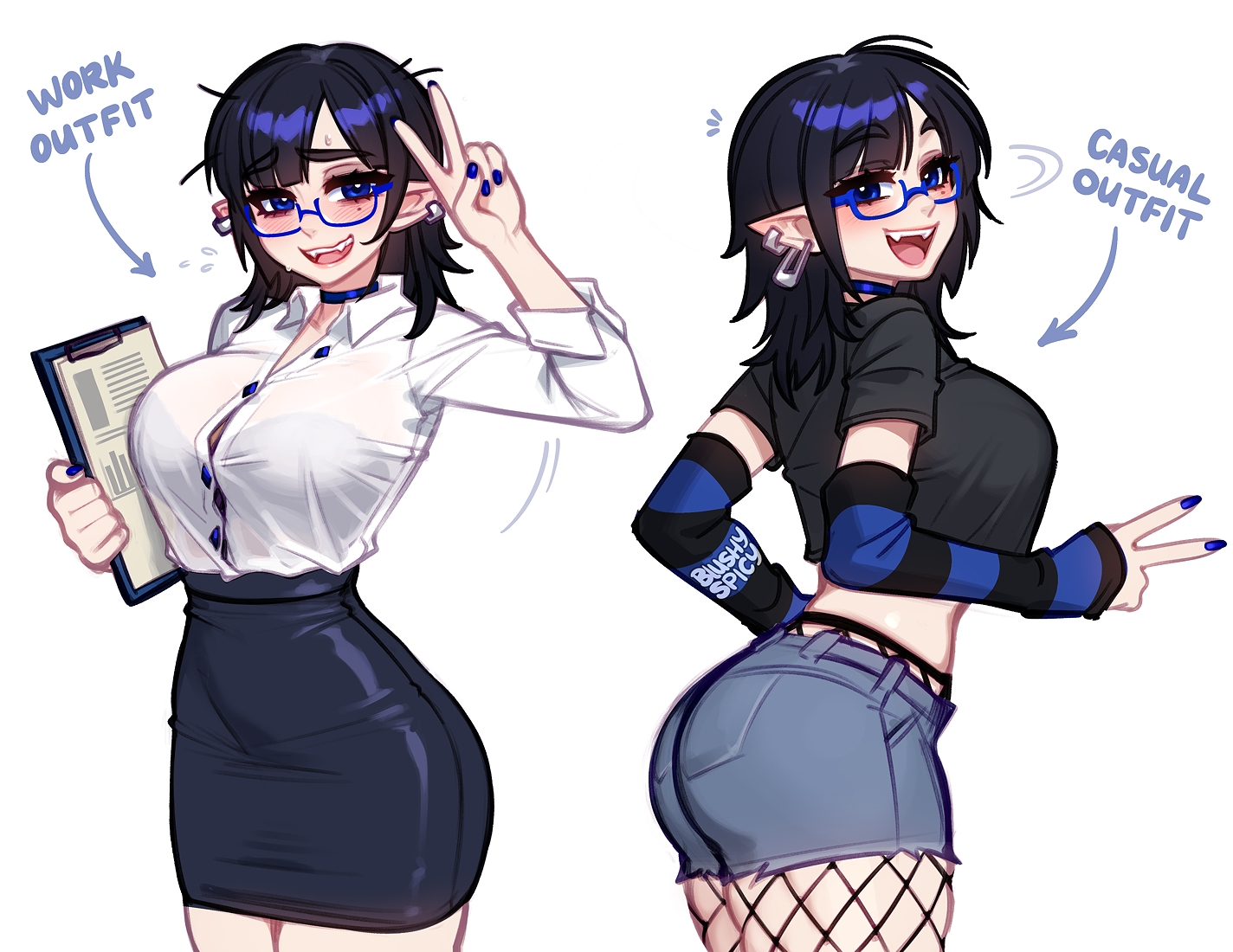 blushyspicy, vivian seong (blushyspicy), original, 1girl, arrow (symbol), artist name, birthmark, black hair, blue-framed eyewear, blue choker, blue eyes, blue nails, bra, bra visible through clothes, breasts, choker, clipboard, crop top, cropped shirt, denim, denim shorts, detached sleeves, earrings, english text, fangs, fishnet pantyhose, fishnets, glasses, high-waist skirt, holding, holding clipboard, hoop earrings, jewelry, large breasts, long sleeves, medium hair, miniskirt, multiple views, nail polish, office lady, open mouth, pantyhose, pencil skirt, pointy ears, see-through clothes, see-through shirt, shirt, short sleeves, shorts, skirt, striped sleeves, taut clothes, taut shirt, underwear, v, white background