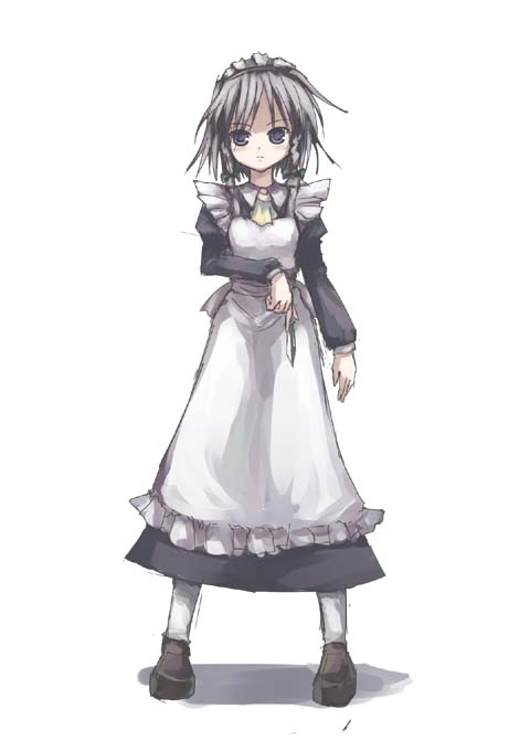 gatau, izayoi sakuya, touhou, looking away, 1girl, apron, ascot, between fingers, blue dress, blush, braid, dress, female focus, frown, full body, grey eyes, grey hair, holding, knife, legs apart, loafers, maid, maid apron, maid headdress, shoes, short hair, simple background, solo, standing, straight hair, thighhighs, throwing knife, twin braids, weapon, white background, white thighhighs
