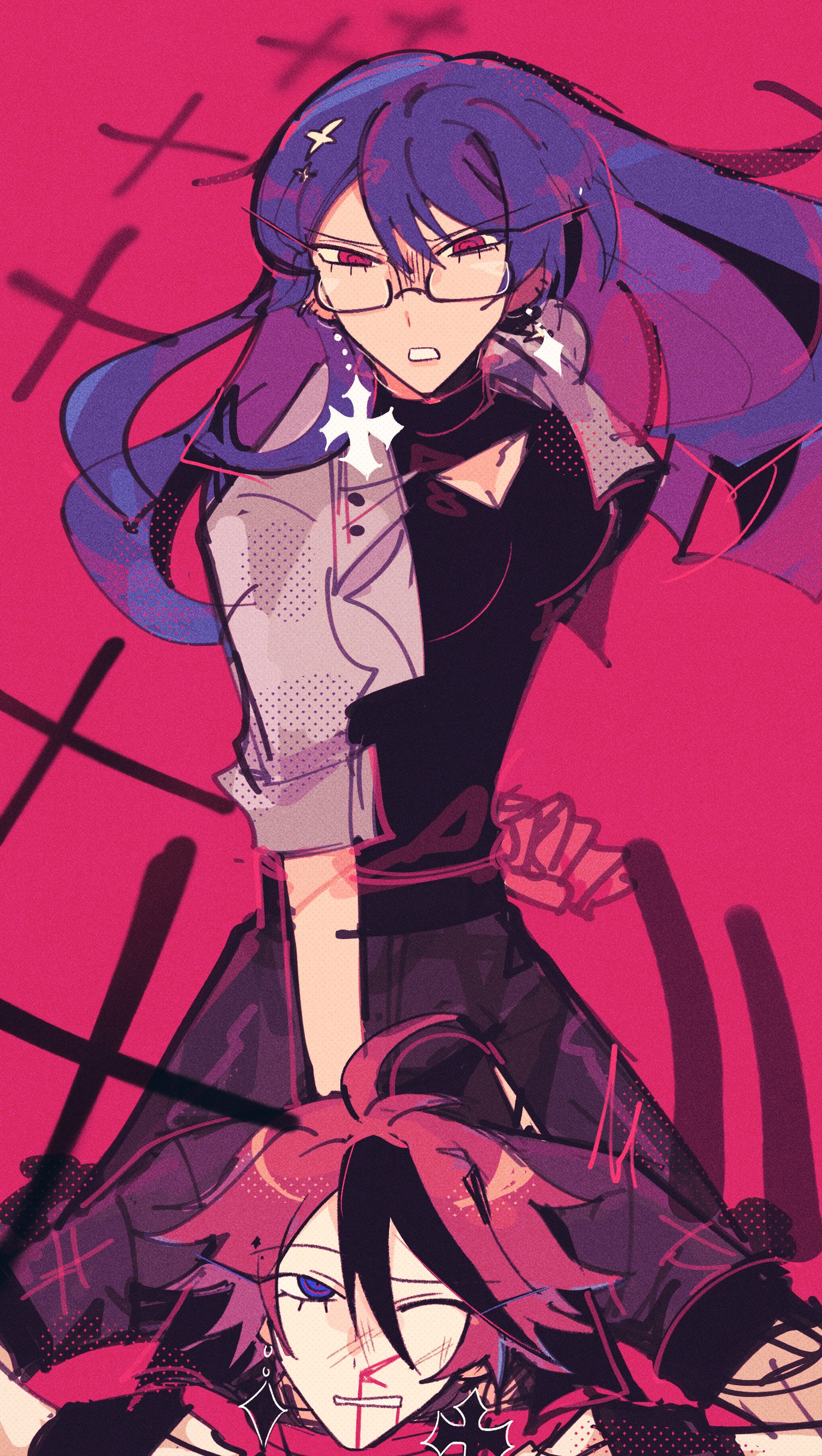 shizuhara hiruko, sumino takumi, the hundred line -last defense academy-, absurdres, commentary, english commentary, highres, 1boy, 1girl, ahoge, black gloves, black pants, black shirt, black streaks, blood, blue eyes, breasts, cleavage, cropped jacket, cross, cross earrings, earrings, fingerless gloves, girl on top, glasses, gloves, hair ornament, held down, jacket, jewelry, long hair, looking at another, lying, medium breasts, multicolored hair, nosebleed, on stomach, one eye closed, pants, purple hair, red background, red eyes, red hair, restrained, ringed eyes, shirt, short hair, sitting, sitting on person, streaked hair, takueitaku, triangle cutout, white jacket