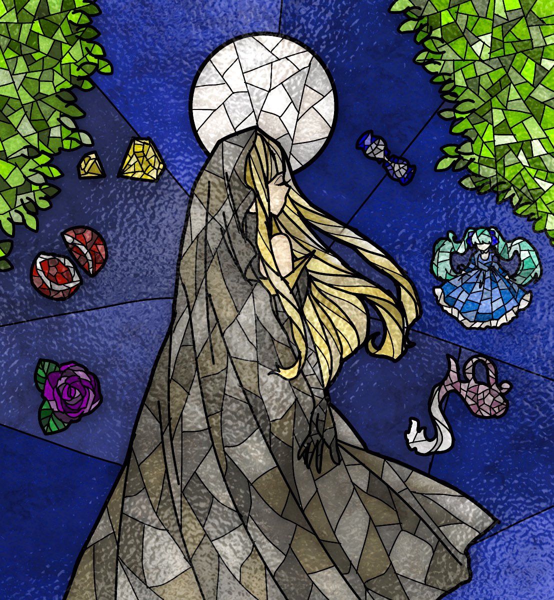 gherea, elluka clockworker, megurine luka, chrono story (vocaloid), evillious nendaiki, vocaloid, highres, 1girl, alternate hair color, bare shoulders, black cloak, black gloves, blonde hair, blue sky, cloak, clockworker's doll, closed eyes, diamond (gemstone), doll, dress, flower, foliage, food, fruit, full moon, funeral dress, gem, gloves, hood, hood up, hourglass, long hair, moon, night, night sky, pomegranate, pouring, profile, purple flower, purple rose, rose, sky, solo, stained glass, vase, vessel of sin, yellow gemstone