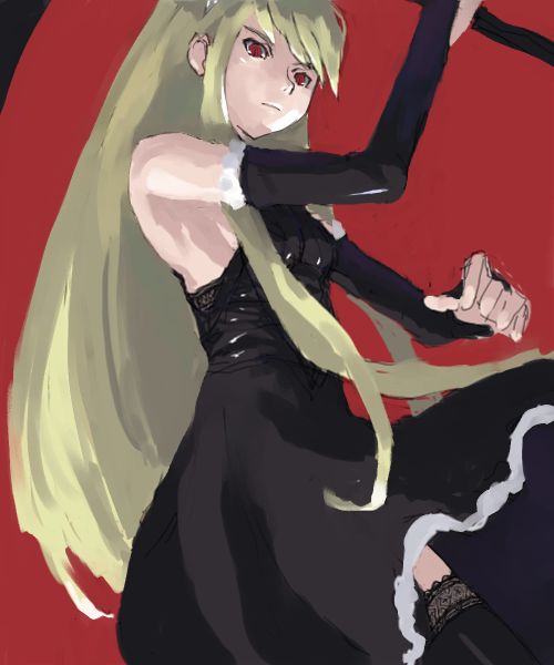 hime (kaibutsu oujo), kaibutsu oujo, black legwear, artist request, 00s, black dress, blonde hair, bridal gauntlets, dress, elbow gloves, gloves, long hair, red eyes, scythe, thighhighs, weapon