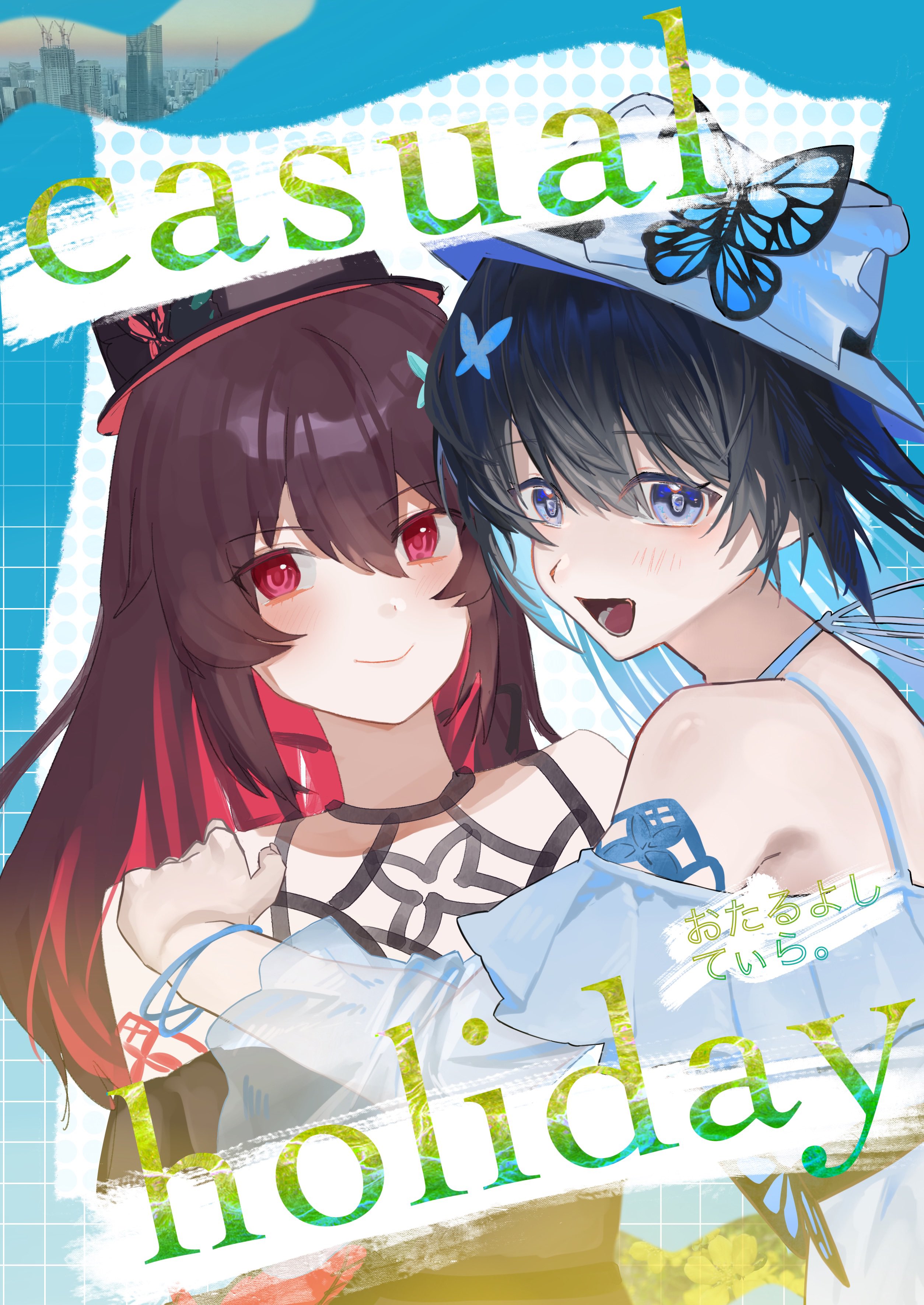 duoyun de tiankong, seele (alter ego), seele vollerei, seele vollerei (papilio lily), seele vollerei (swallowtail phantasm), comiket 106, honkai (series), honkai impact 3rd, absurdres, highres, 2girls, :d, black dress, blue butterfly, blue eyes, blue hair, bow, bug, butterfly, closed mouth, dress, insect, long hair, looking at viewer, multiple girls, open mouth, red bow, red butterfly, red eyes, short hair, smile, sundress, white dress