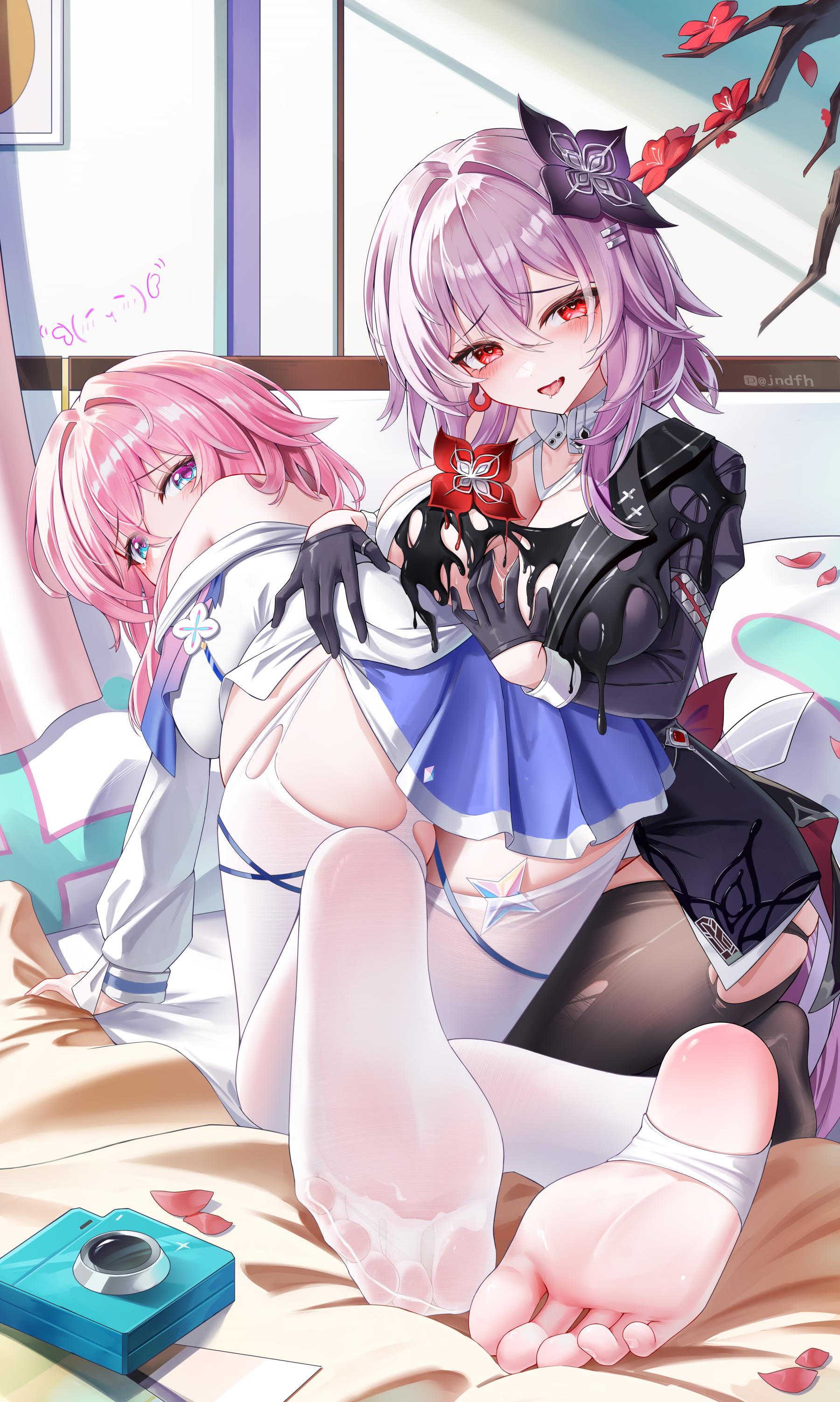 jndfh, absurdres, character request, copyright request, highres, 2girls, :d, all fours, artist name, bed sheet, black gloves, black thighhighs, blue eyes, blue skirt, blush, breasts, camera, collarbone, crossed bangs, feet, flower, foot focus, from behind, full body, gloves, hair between eyes, hair ornament, hand on another's ass, indoors, jacket, kneeling, large breasts, long hair, long sleeves, looking at viewer, looking back, miniskirt, multiple girls, no shoes, open mouth, pantyhose, petals, pink hair, pleated skirt, purple hair, purple jacket, red eyes, red flower, skindentation, skirt, smile, soles, stirrup legwear, thighhighs, toe seam, toeless legwear, toes, torn clothes, torn pantyhose, white pantyhose