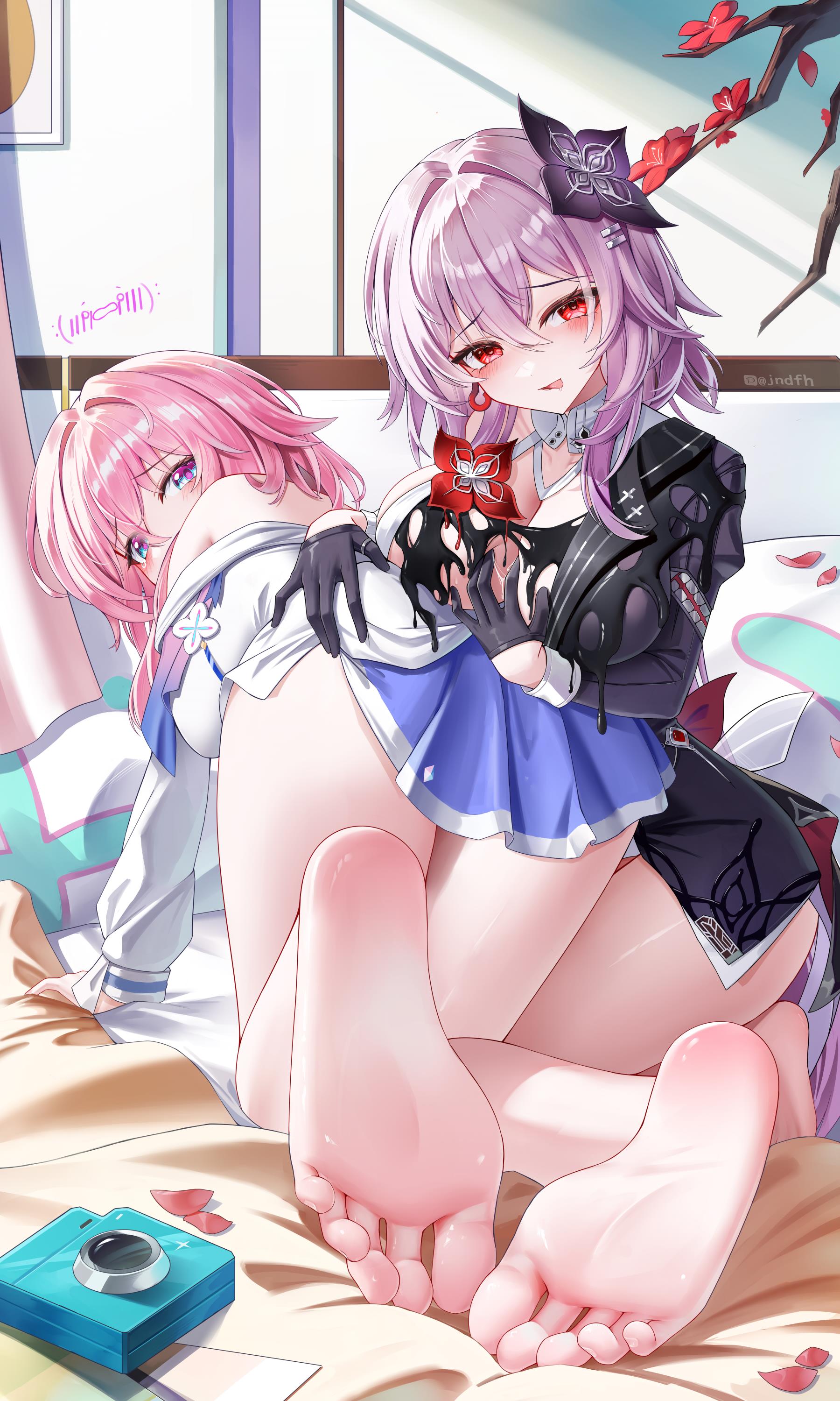 jndfh, absurdres, character request, copyright request, highres, 2girls, :d, all fours, artist name, bare legs, barefoot, bed sheet, black gloves, blue eyes, blue skirt, blush, breasts, camera, collarbone, crossed bangs, feet, flower, foot focus, from behind, full body, gloves, hair between eyes, hair ornament, hand on another's ass, indoors, jacket, kneeling, large breasts, long hair, long sleeves, looking at viewer, looking back, miniskirt, multiple girls, open mouth, petals, pink hair, pleated skirt, purple hair, purple jacket, red eyes, red flower, skirt, smile, soles, toe seam, toes
