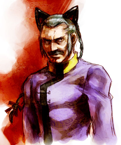 nakamura kanko, master asia, g gundam, gundam, lowres, 1990s (style), 1boy, animal ears, cat boy, cat ears, male focus, manly, moe (phrase), retro artstyle, solo