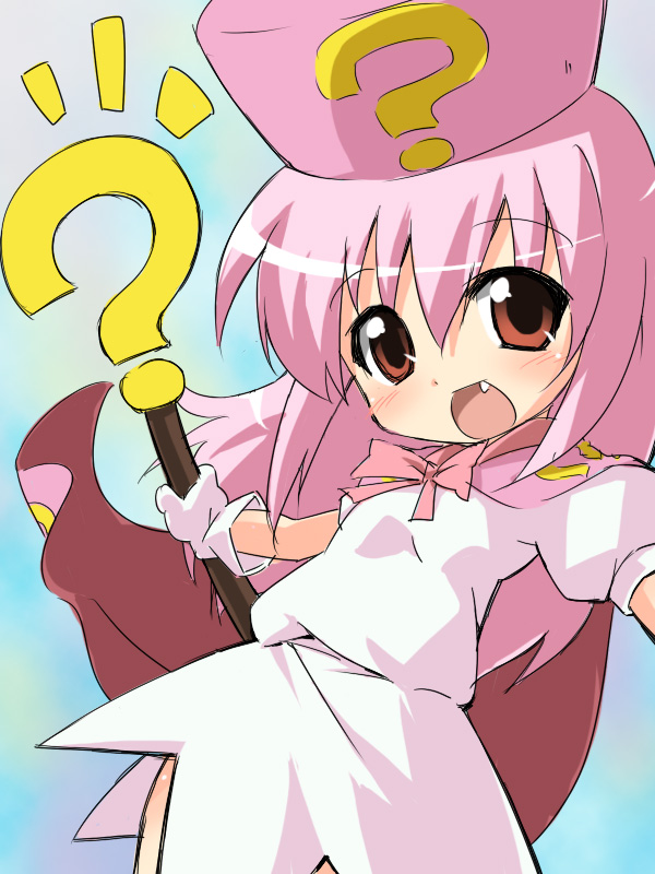 aikei, hatena yousei, benesse, 1girl, ?, ^^^, cape, fang, female focus, hat, pink hair, pink hat, solo