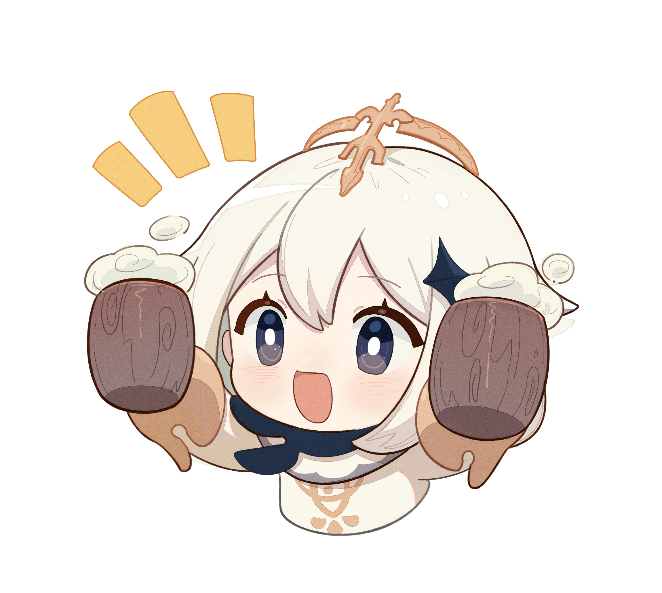 shuangfeng, paimon (genshin impact), genshin impact, highres, 1girl, :d, blue eyes, blush, bright pupils, cropped torso, cup, drink, eyelashes, hair ornament, holding, holding cup, holding drink, mug, notice lines, open mouth, simple background, smile, solo, white background, white hair, white pupils