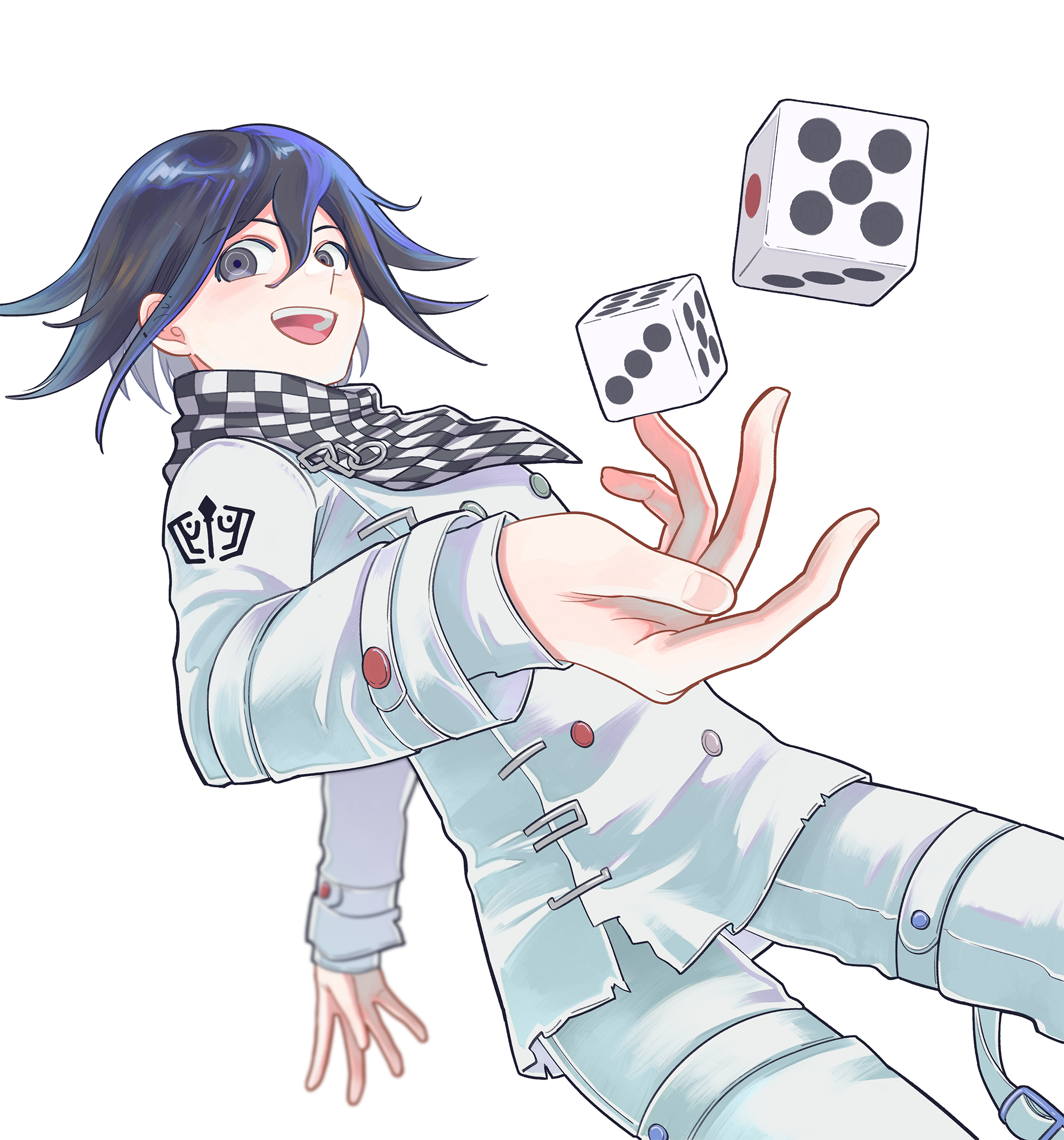 moi (arararcrc), oma kokichi, danganronpa (series), danganronpa v3: killing harmony, commentary, highres, 1boy, arm belt, blush, buttons, checkered clothes, checkered scarf, dice, flipped hair, foreshortening, hair between eyes, happy, long sleeves, looking at viewer, male focus, medium hair, multicolored buttons, open mouth, pants, perspective, purple eyes, purple hair, ringed eyes, scarf, simple background, smile, solo, teeth, thigh strap, two-tone scarf, upper teeth only, white background