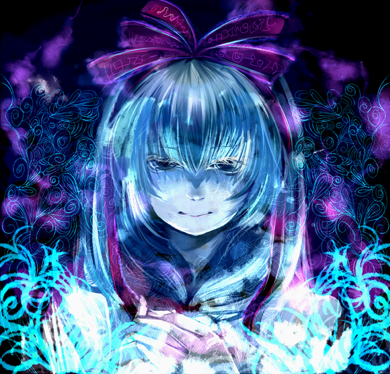 cis (carcharias), kagiyama hina, touhou, bad id, bad pixiv id, 1girl, bow, close-up, closed eyes, closed mouth, colorful, female focus, frills, front ponytail, hair bow, red bow, ribbon, shawl, solo, upper body