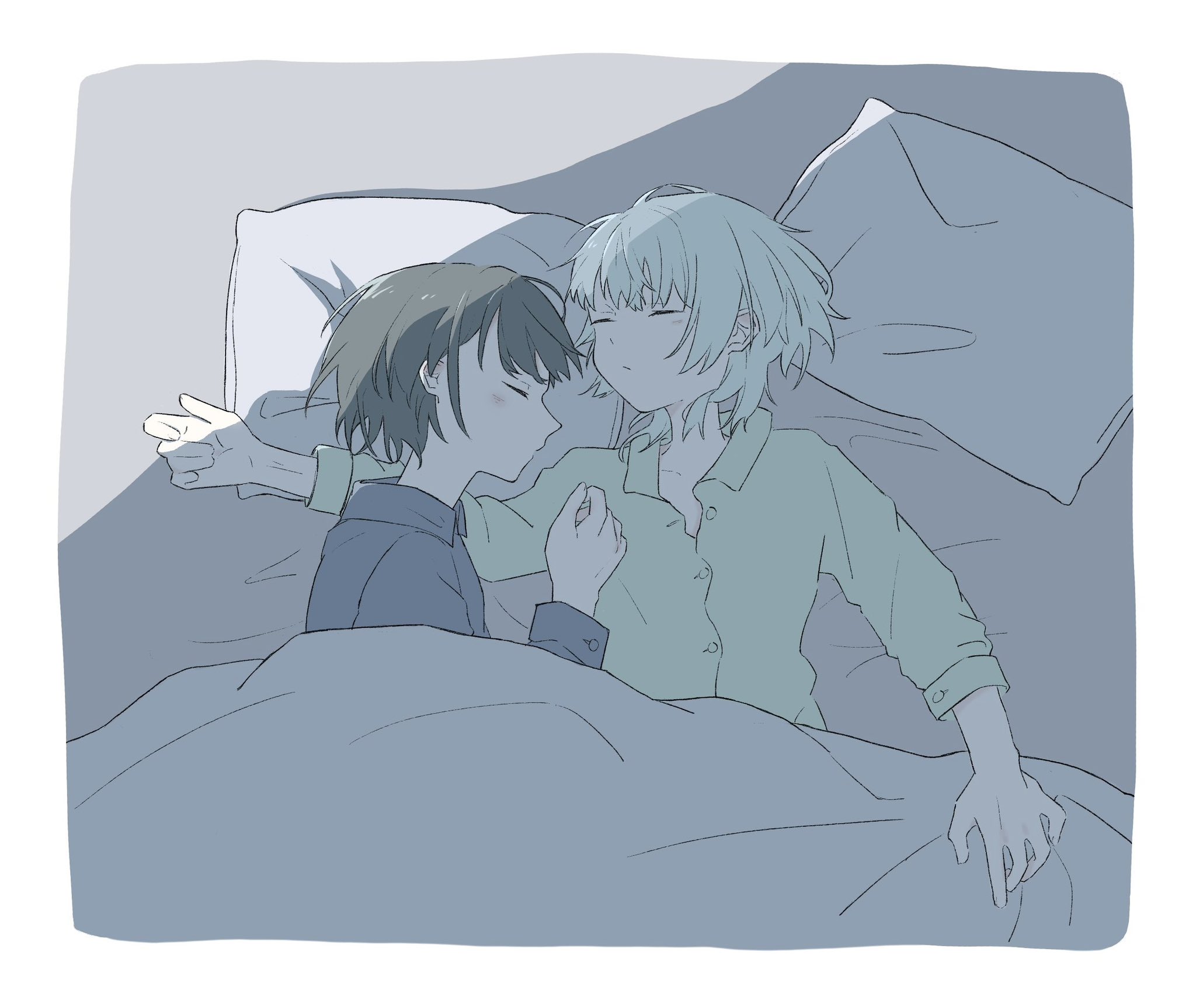 akayukikaede, kaname raana, takamatsu tomori, bang dream!, bang dream! it's mygo!!!!!, chinese commentary, commentary request, highres, 2girls, black shirt, closed eyes, closed mouth, collared shirt, green shirt, grey hair, long sleeves, multiple girls, on bed, pajamas, pillow, shirt, short hair, under covers, white hair, yuri
