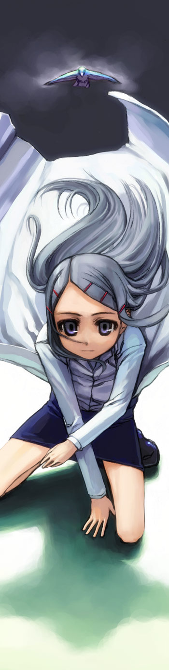 cota (artist), highres, long image, tall image, 1girl, coat, female focus, grey eyes, hair ornament, hairclip, miniskirt, skirt, solo