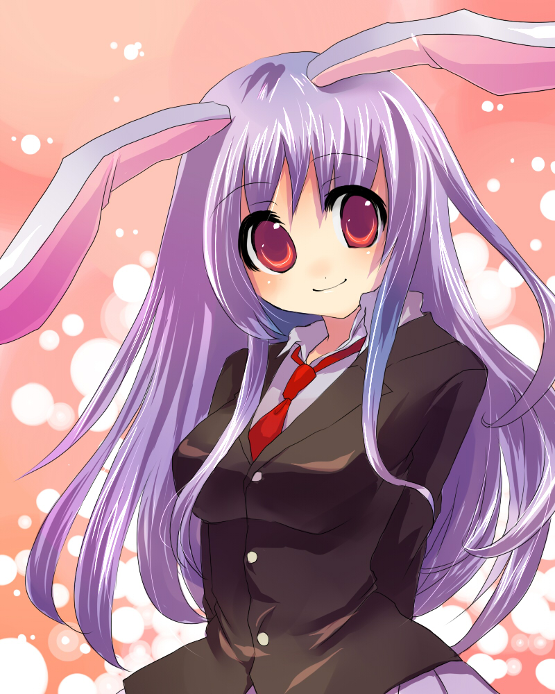 kobanzame, reisen udongein inaba, touhou, light purple hair, bad id, bad pixiv id, 1girl, animal ears, arms behind back, blazer, female focus, jacket, long hair, necktie, rabbit ears, red eyes, red necktie, smile, solo