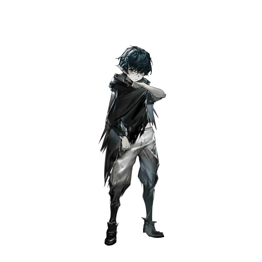 yui (niikyouzou), faust (arknights), arknights, artist request, check artist, official art, 1boy, asymmetrical sleeves, black shirt, blue eyes, blue hair, boots, cloak, closed mouth, full body, hand on own chin, hood, hood down, hooded cloak, material growth, midriff peek, oripathy lesion (arknights), pants, pointy ears, red pupils, shirt, short hair, slit pupils, solo, torn clothes, transparent background, uneven sleeves, white pants