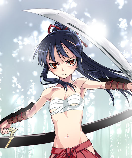 satou atsuki, bushidou (sekaiju), bushidou 2 (sekaiju), atlus, etrian odyssey, 1girl, female focus, katana, sarashi, sheath, solo, sword, weapon