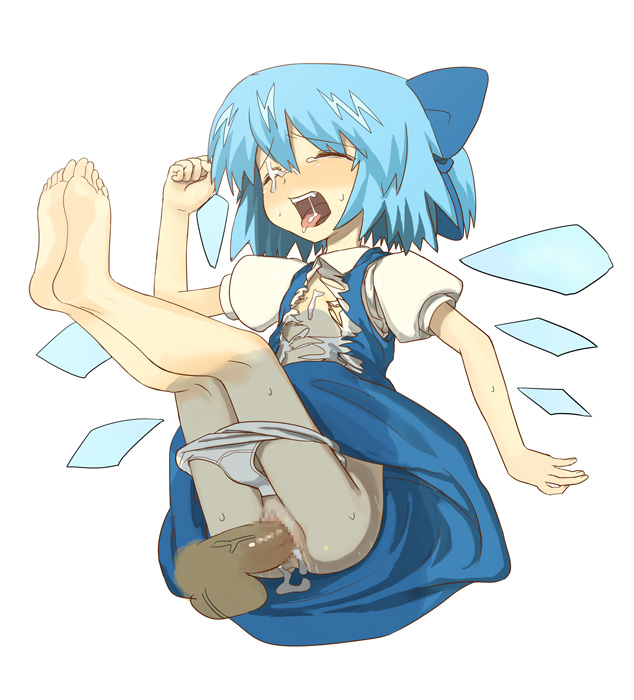 96, nannaru (nananana), cirno, embodiment of scarlet devil, touhou, 1boy, 1girl, barefoot, blue hair, bow, censored, closed eyes, clothes lift, cum, cum in pussy, cum on body, cum on upper body, disembodied penis, facial, feet, flat chest, hetero, loli, mosaic censoring, open mouth, panties, panty pull, penis, puffy sleeves, rape, sex, short hair, skirt, skirt lift, solo focus, tongue, tongue out, torn clothes, underwear, vaginal, white panties