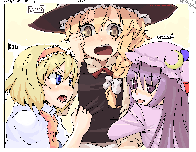 itsutsu, alice margatroid, kirisame marisa, patchouli knowledge, touhou, artist collaboration, artist request, 3girls, :p, angry, blush, braid, female focus, hat, multiple girls, oekaki, open mouth, tongue, tongue out, upper body