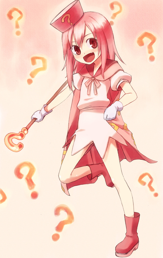 itsutsu, hatena yousei, benesse, 1girl, ?, boots, cape, fang, female focus, gloves, hat, pink hair, pink hat, solo, staff