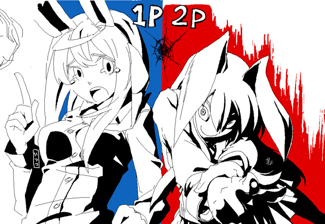 reisen udongein inaba, touhou, 2girls, animal ears, blue background, dual persona, female focus, monochrome, multiple girls, rabbit ears, red background