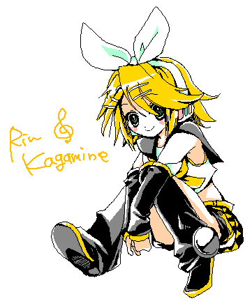 circlek, kagamine rin, vocaloid, lowres, 1girl, belt, blonde hair, blush, character name, crop top, detached sleeves, female focus, green eyes, hair ornament, hair ribbon, hairclip, headphones, midriff, musical note, oekaki, ribbon, school uniform, serafuku, short hair, shorts, simple background, sitting, smile, solo, thighhighs, treble clef, white background