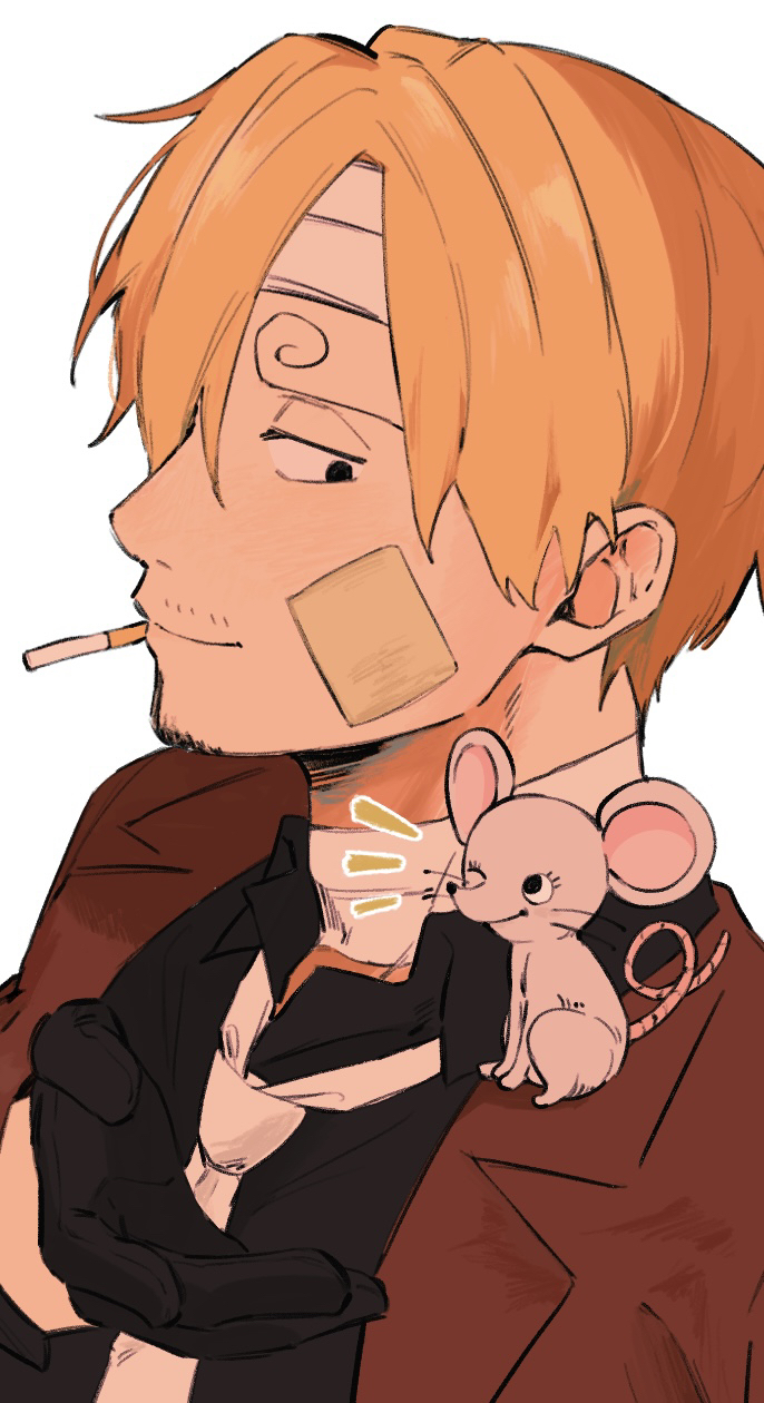 iqracha, sanji (one piece), one piece, highres, 1boy, animal, animal on shoulder, bandage on face, bandages, black gloves, black shirt, cigarette, collared shirt, curly eyebrows, facial hair, gloves, goatee stubble, male focus, mouse on shoulder, mustache stubble, shirt, short hair, simple background, solo, stubble, upper body, white background