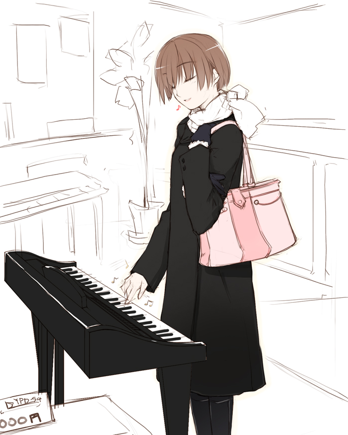 ooji, original, bag, brown hair, closed eyes, coat, instrument, keyboard, keyboard (instrument), music, short hair