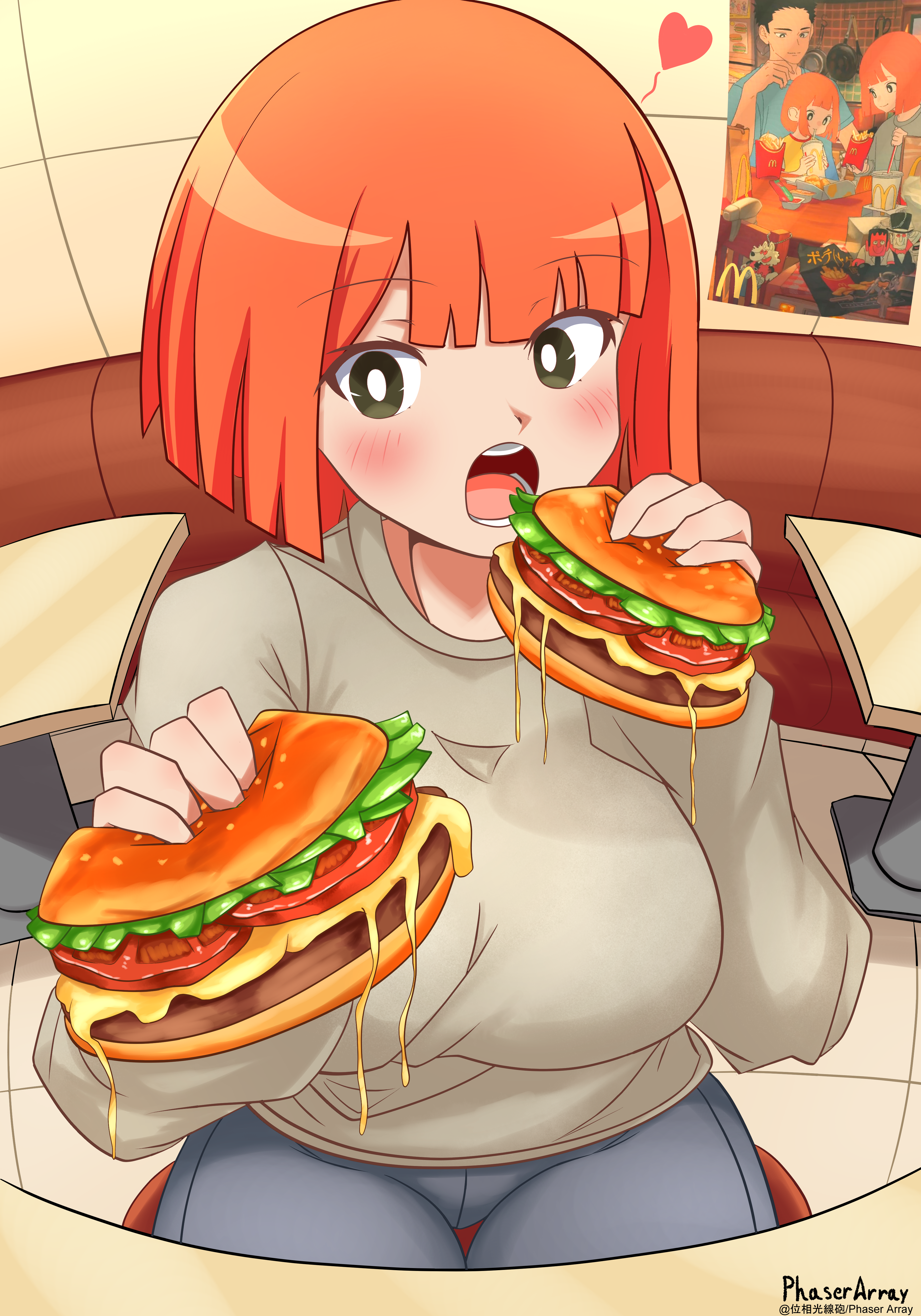 phaser array, mother (yoru mac), yoru mac, absurdres, commentary request, highres, 1girl, artist name, blunt bangs, blunt ends, blush, breasts, bright pupils, brown eyes, brown shirt, burger, eating, fisheye, food, grey pants, holding, holding burger, holding food, large breasts, open mouth, orange hair, pants, shirt, short hair, sitting, solo, white pupils