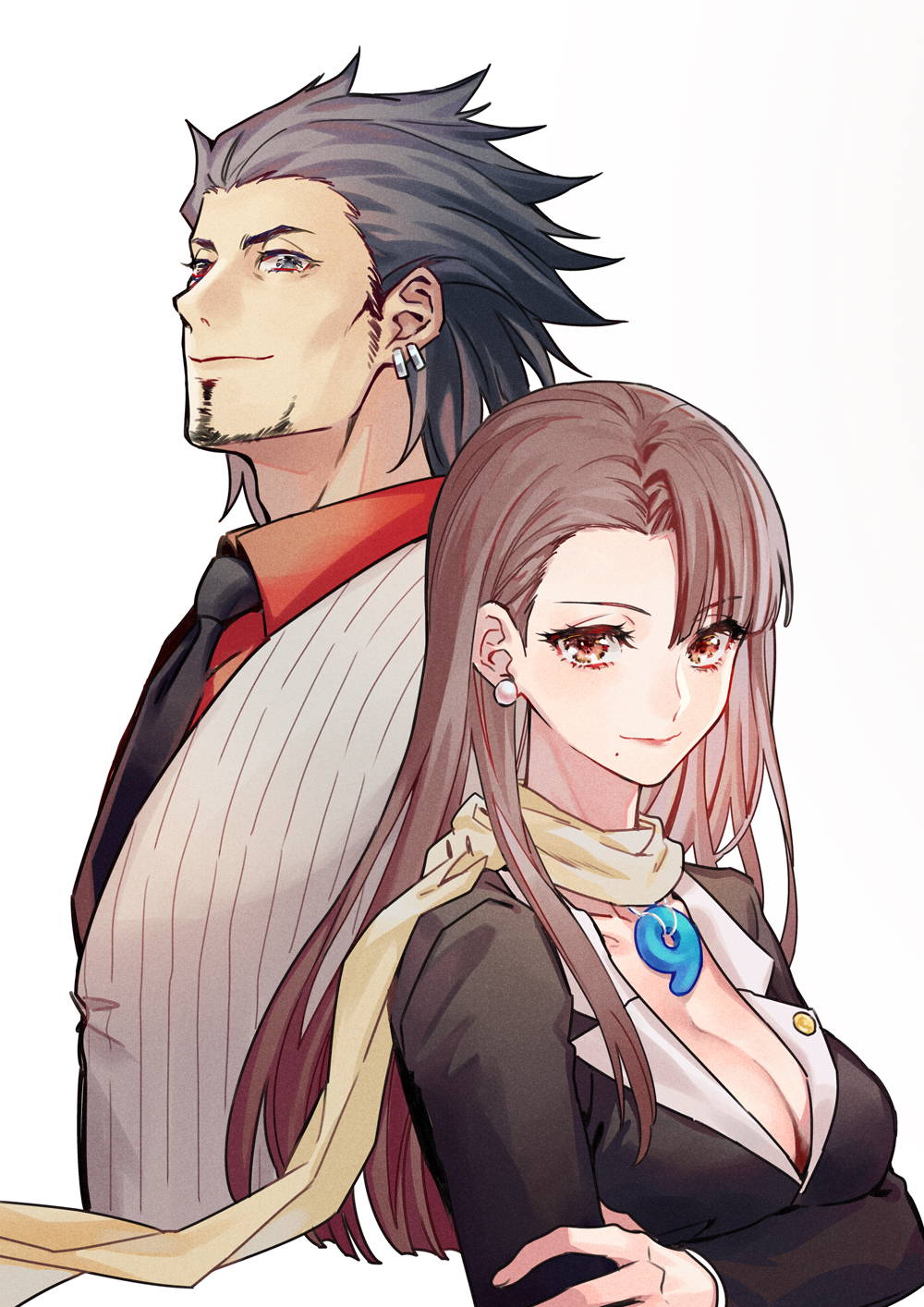 hun (endlesslovehikaru), diego armando, mia fey, ace attorney, phoenix wright: ace attorney – trials and tribulations, chinese commentary, commentary request, highres, 1boy, 1girl, adam's apple, arms under breasts, asymmetrical hair, black hair, black jacket, black necktie, blunt ends, breasts, brown hair, brown vest, cleavage, closed mouth, collared shirt, cropped torso, crossed arms, earrings, facial hair, floating scarf, goatee, grey eyes, hair over shoulder, hair slicked back, jacket, jewelry, lapel pin, lapels, long hair, long sleeves, looking at viewer, looking to the side, magatama, magatama necklace, medium breasts, mole, mole under mouth, necklace, necktie, notched lapels, parted bangs, pearl earrings, pinstripe pattern, pinstripe vest, red shirt, scarf, shirt, short hair, sideburns stubble, simple background, smile, stubble, upper body, vest, white background, wing collar, yellow scarf