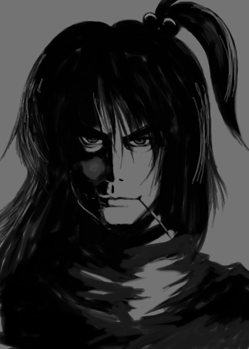 shinki (touhou), mystic square, touhou, touhou (pc-98), non-web source, 1boy, genderswap, genderswap (ftm), grey background, greyscale, male focus, monochrome, simple background, solo
