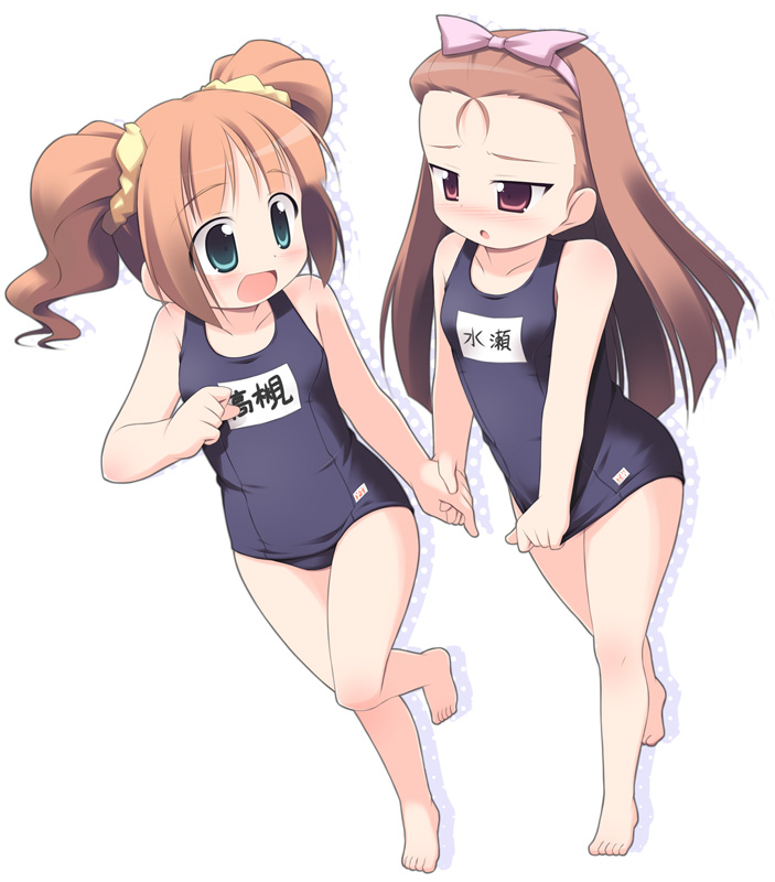 kagura yuuki, minase iori, takatsuki yayoi, idolmaster, idolmaster (classic), bad id, bad pixiv id, 00s, 2girls, blush, brown hair, multiple girls, name tag, one-piece swimsuit, school swimsuit, swimsuit, twintails