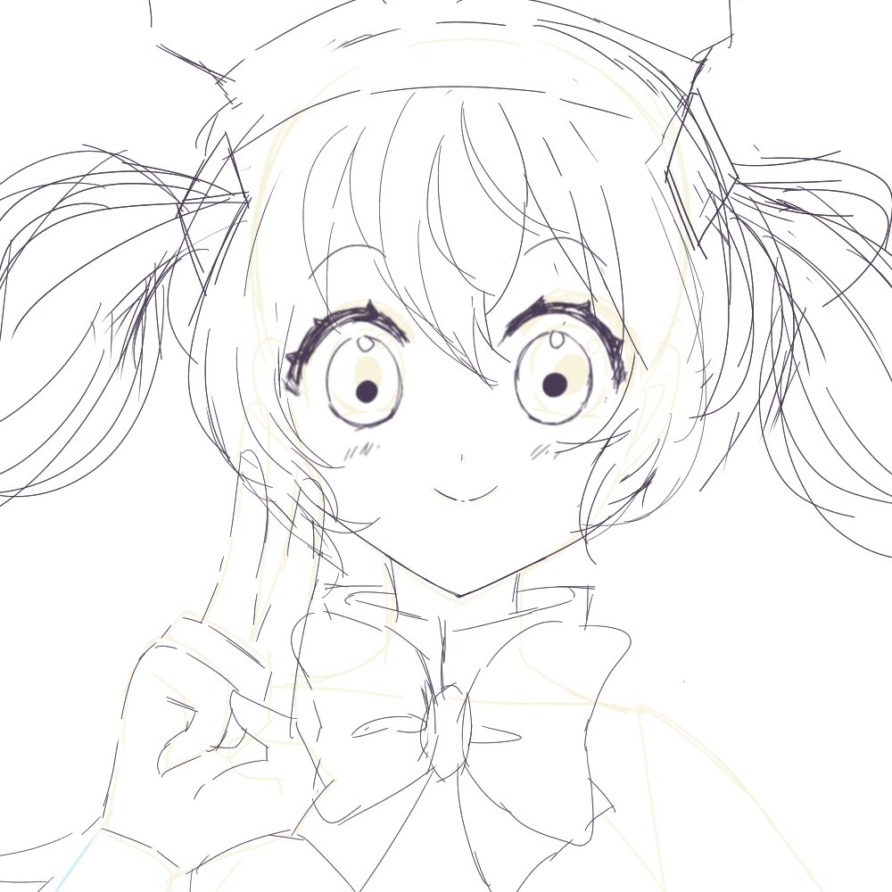chaos gerda (gakuen) (grimms notes), chaos gerda (grimms notes), grimms notes, grimms notes gakuen, unfinished, 1girl, amanogawa714, closed mouth, hand up, looking at viewer, monochrome, sketch, smile, solo, twintails, v