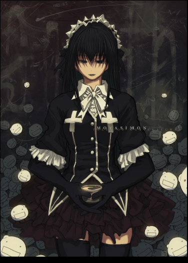 dagashi (place), yuuki kei, moyashimon, original, 1boy, alcohol, black eyes, black hair, black lips, black thighhighs, crossdressing, crossdressing (mtf), gothic lolita, holding, lipstick, lolita fashion, long hair, maid headdress, makeup, male focus, sake, skirt, solo, standing, thighhighs, trap