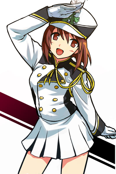 michael f91, amami haruka, idolmaster, idolmaster (classic), 00s, 1girl, alternate costume, arm at side, band uniform, bare legs, blush, brown eyes, brown hair, clenched hand, female focus, gloves, hair between eyes, happy, hat, long sleeves, looking at viewer, miniskirt, open mouth, pleated skirt, salute, shako cap, short hair, skirt, smile, solo, standing, white background, white gloves, white skirt