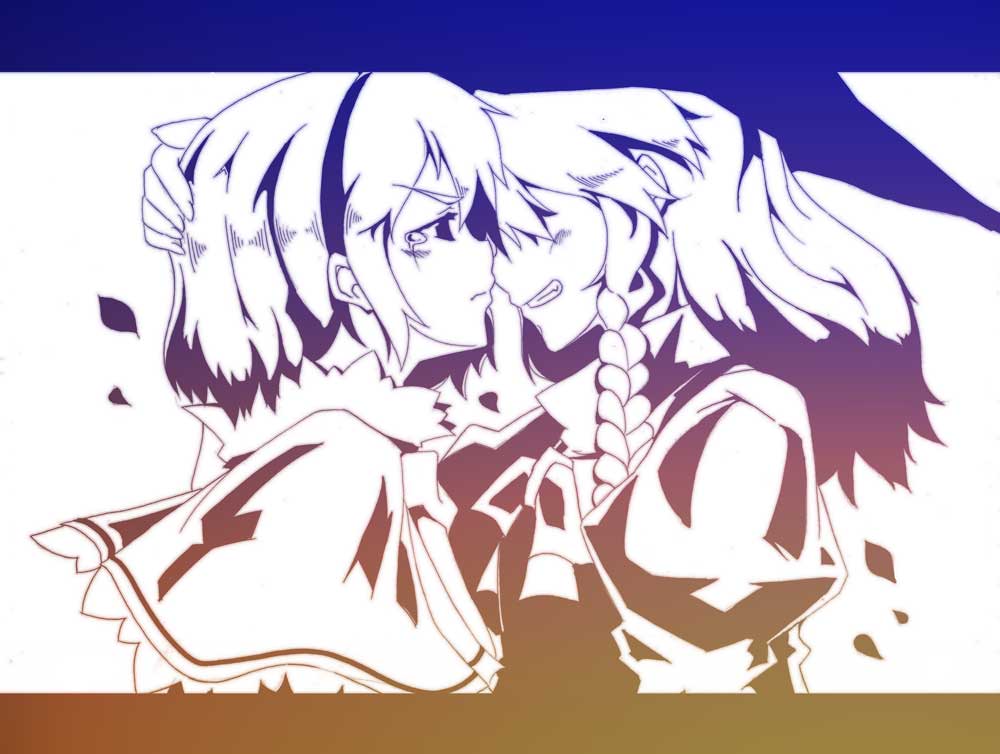 yatsuhashi (tyatsuhashi), alice margatroid, kirisame marisa, touhou, 2girls, angry, blush, braid, eye contact, female focus, from side, grin, hand on another's head, imminent kiss, letterboxed, looking at another, multiple girls, profile, puffy short sleeves, puffy sleeves, short sleeves, single braid, smile, tears, upper body, yuri