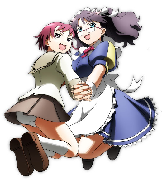 bm03, lena sayers, sifr blan, my-otome, my-otome s.ifr, 00s, 2girls, :d, apron, ass, blue dress, dress, from below, glasses, green eyes, looking at viewer, looking back, multiple girls, open mouth, panties, puffy short sleeves, puffy sleeves, red hair, semi-rimless eyewear, short sleeves, smile, under-rim eyewear, underwear, waist apron, white panties